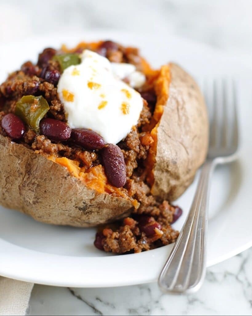 Baked Sweet Potatoes with Easy Chilli & Sour Cream Recipe