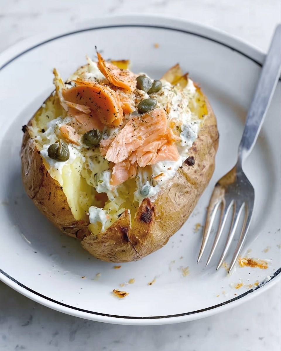 A baked potato with a light brown, slightly wrinkled skin sits open on a white plate with thin black rings near the edge. Inside, there is a soft, pale yellow potato flesh layer topped with a creamy white sauce. Small green capers are scattered over the sauce, and pieces of light orange salmon flakes with a slightly charred edge sit on top. A silver fork rests on the right side of the plate, all on a white marbled surface. photo taken with an iphone --ar 4:5 --v 7