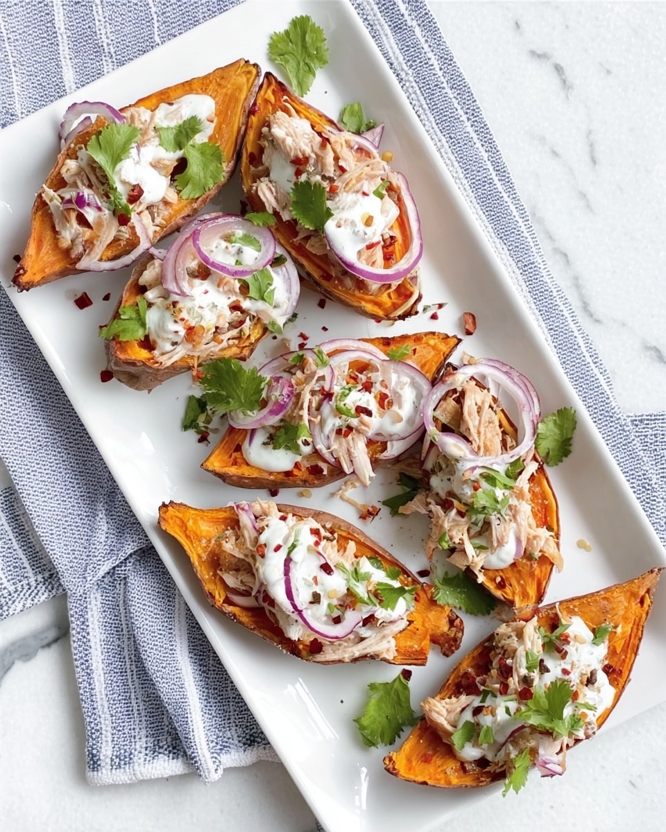 The image shows a white rectangular plate with five pieces of roasted sweet potato halves arranged casually. Each sweet potato half has a bright orange flesh and a browned outer edge. They are topped with a layer of shredded light-colored chicken, thin slices of purple-red onion, a dollop of white creamy sauce, and sprinkled with small red bits and fresh green cilantro leaves. The plate sits on a white marbled surface with a blue and white striped cloth partially visible beneath it. Photo taken with an iphone --ar 4:5 --v 7