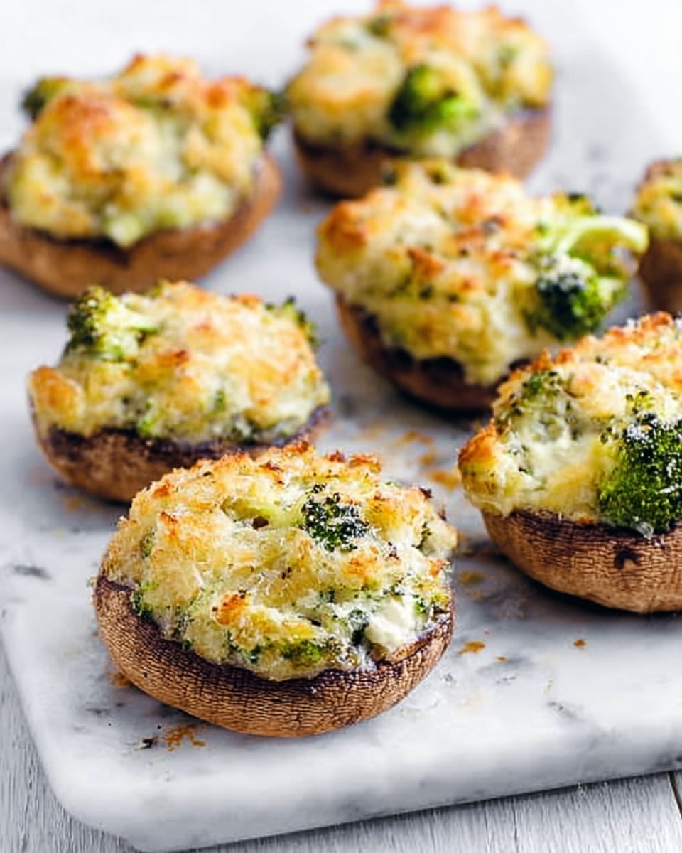 The image shows several stuffed mushrooms arranged on a white baking sheet, placed on a white marbled surface. Each mushroom cap is filled with a mixture that has a light golden-brown crust on top, with visible bits of green broccoli and white cheese or cream inside. The texture of the filling looks soft and crumbly, slightly browned from baking. The mushroom caps are a darker brown, and the filling is slightly overflowing in some mushrooms, giving the dish a homemade look. The photo taken with an iphone --ar 4:5 --v 7