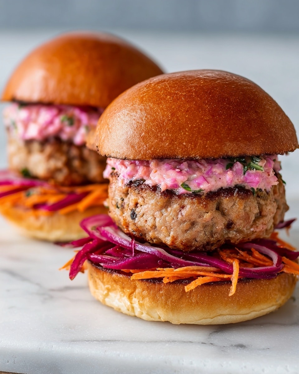 Two burgers sit side by side on a white marbled surface, each stacked with several layers. The bottom layer is a soft, golden-brown bun, topped with thinly sliced red onions and shredded orange carrots. Above this is a thick, juicy patty with a browned and textured surface. On top of the patty is a generous layer of bright pink sauce or salad that looks creamy and slightly chunky. The stack is finished with a smooth, shiny golden-brown top bun. Photo taken with an iphone --ar 4:5 --v 7