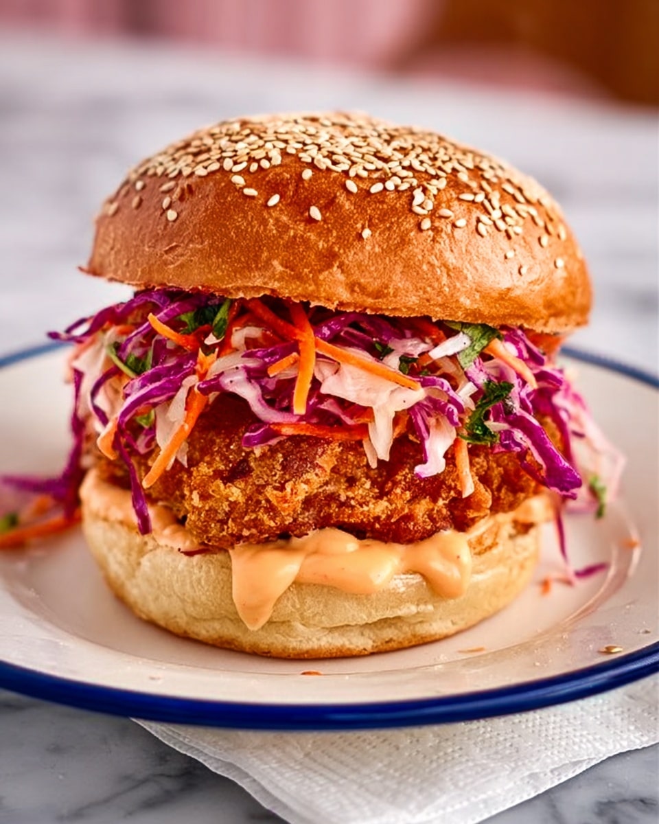 A close-up of a sandwich with a toasted sesame seed bun on top, showing a thick, crispy fried chicken patty with a crunchy golden brown texture in the middle. Below the chicken, there is a layer of light orange creamy sauce spread on the bottom bun. Above the chicken patty, a colorful mix of purple and orange shredded vegetables, likely cabbage and carrots, add fresh texture and color. The sandwich sits on a white plate with a blue rim, placed on a white marbled surface with a white napkin under it. photo taken with an iphone --ar 4:5 --v 7