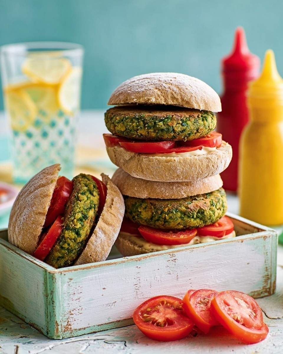 The image shows three sandwiches stacked in a small white wooden crate with a worn look. Each sandwich has a thick round green patty that appears textured, placed inside a light brown bread bun with a dusting of flour on top. Two sandwiches have the bread top closed, and one sandwich has the top bun tilted to show the green patty and several bright red tomato slices inside. The green patties have a rough texture with bits of vegetables visible. In front of the crate, on the white marbled surface, there are extra slices of red tomato. To the right, there are a yellow sauce container and a red ketchup bottle. In the blurred background, a glass of drink with lemon and a drinking glass with a pattern are visible against a soft blue backdrop. photo taken with an iphone --ar 4:5 --v 7