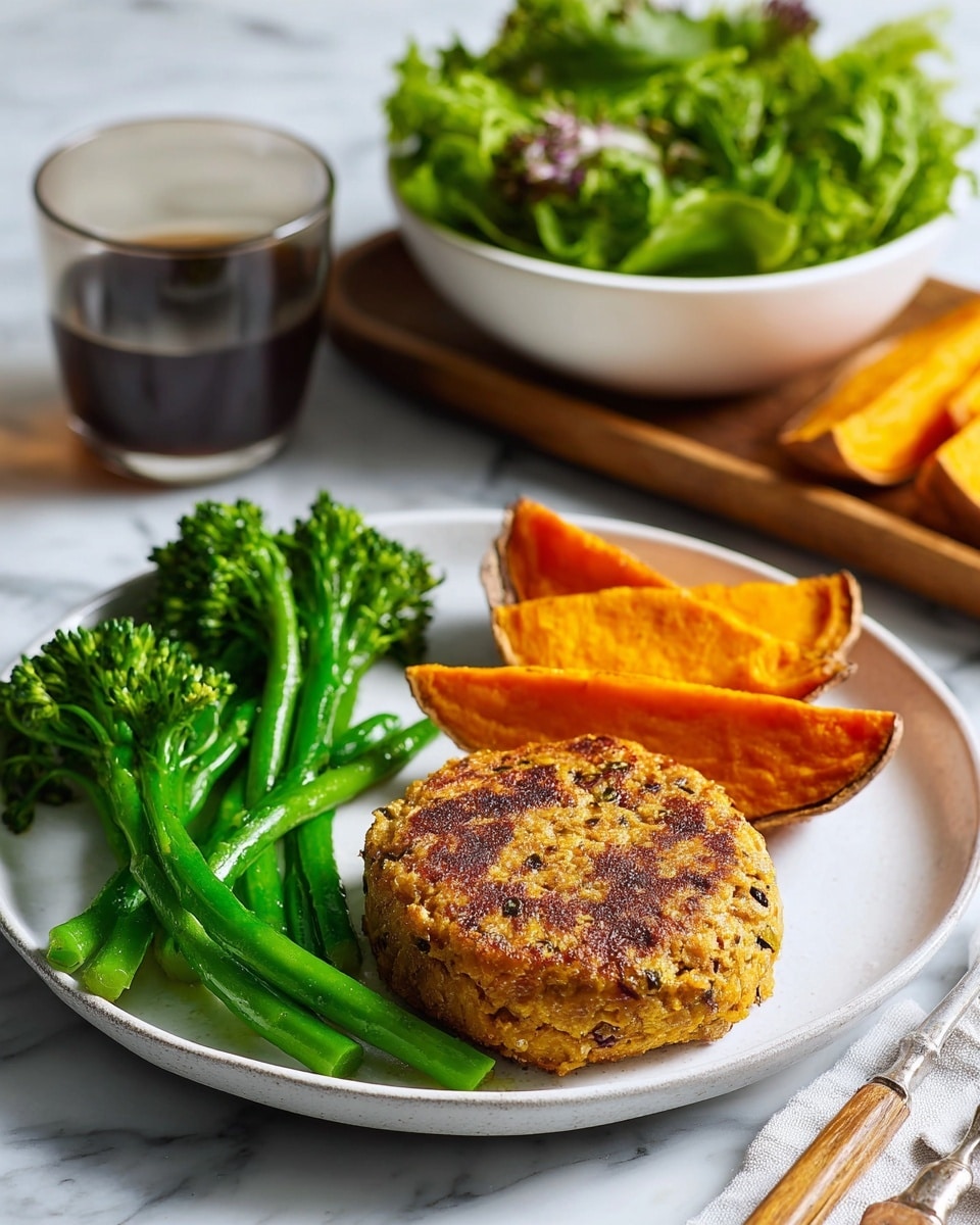 A white square plate on a white marbled surface holds a round, brown veggie patty with visible bits of onions and herbs, placed near bright green steamed broccolini and snap peas on the left side. Behind the patty, there are several thick orange sweet potato wedges with a crispy texture. In the background, there is a white bowl filled with fresh green salad leaves, and a small glass cup with a dark brown liquid, possibly a drink. Further back on a wooden board with a red edge, there are more sweet potato wedges. The overall lighting is soft and natural. photo taken with an iphone --ar 4:5 --v 7
