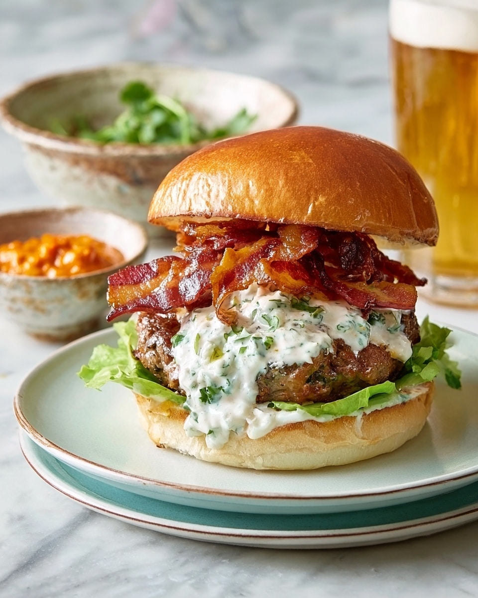 A large burger is placed on a white plate with a pale blue rim on a white marbled surface. The bottom layer of the burger is a soft, golden brown bun topped with green leafy lettuce. Above the lettuce is a thick beef patty covered with creamy white sauce mixed with green herbs. Crispy, reddish-brown bacon strips sit on top of the sauce, partially dripping with a dark glossy sauce. The burger is topped with a smooth, shiny, golden brown top bun. In the background, to the left, there is a rustic white bowl with a green herb garnish, and behind it is a glass of light beer. To the side, there is a small white bowl with orange-colored chutney. photo taken with an iphone --ar 4:5 --v 7