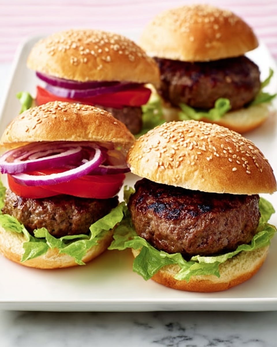 There are three burgers on a white rectangular plate set on a white marbled surface. Each burger has a sesame seed bun with a thick beef patty in the middle. The bottom layer of the bun holds green leafy lettuce and a slice of red tomato. On top of the patty are several thin rings of purple onion. One of the buns is tilted, showing the inside layers clearly. The colors are bright and the textures show the juicy beef and fresh vegetables well. Photo taken with an iphone --ar 4:5 --v 7