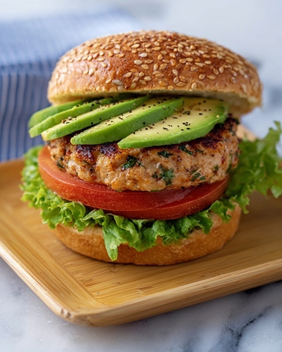The image shows a sandwich with a sesame seed bun on a white marbled surface. The bottom bun holds a layer of fresh green lettuce, topped by two slices of red tomato. On top of the tomato, there is a thick grilled chicken patty with visible herbs and a slightly crispy texture. Above the patty, three slices of green avocado with black pepper sprinkled on them form the final layer, covered by the top sesame seed bun. The sandwich is placed on a light wooden square plate. Photo taken with an iphone --ar 4:5 --v 7