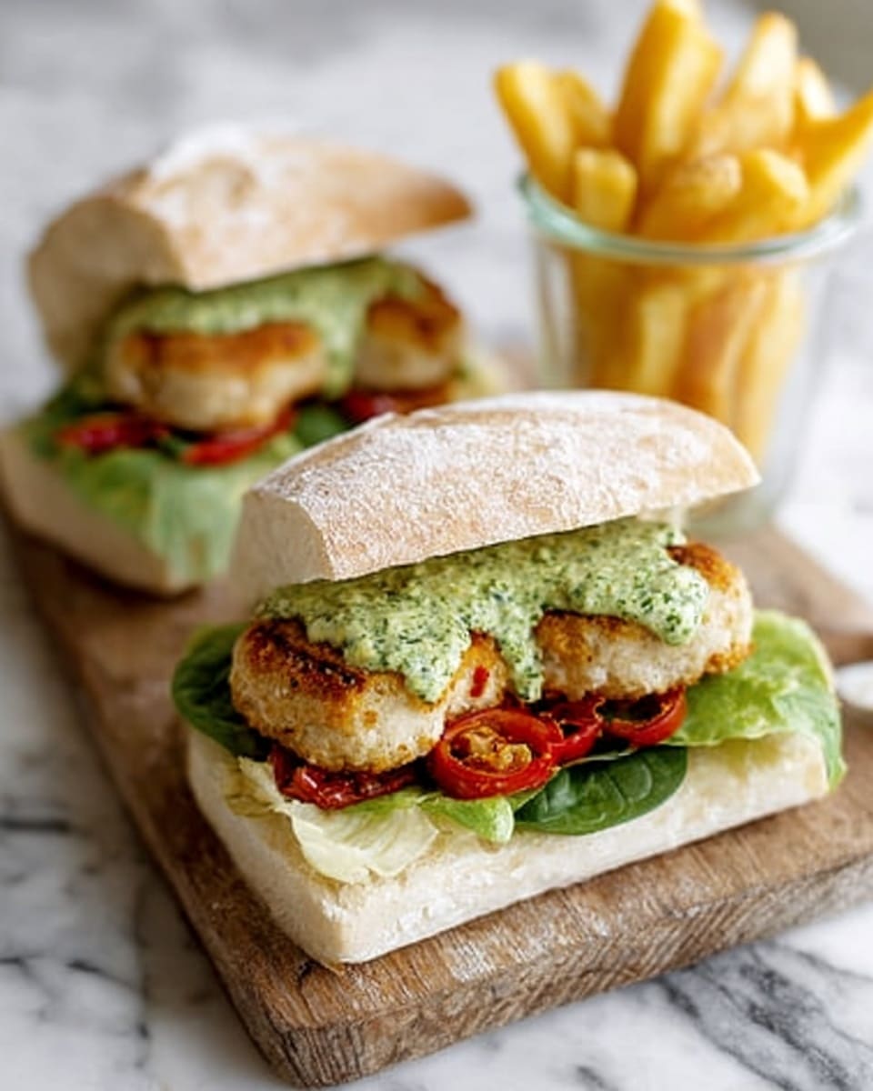 Two ciabatta sandwiches sit on a wooden cutting board over a white marbled surface. Each sandwich has three layers visible inside: a base layer of fresh green lettuce and arugula, a middle layer of golden-brown grilled chicken, and a top layer of bright green pesto sauce with red roasted pepper pieces. The sandwich bread is pale beige with a soft, poofy texture. Behind the sandwiches, there is a clear glass filled with golden, crispy fries and white paper inside the glass. Photo taken with an iphone --ar 4:5 --v 7