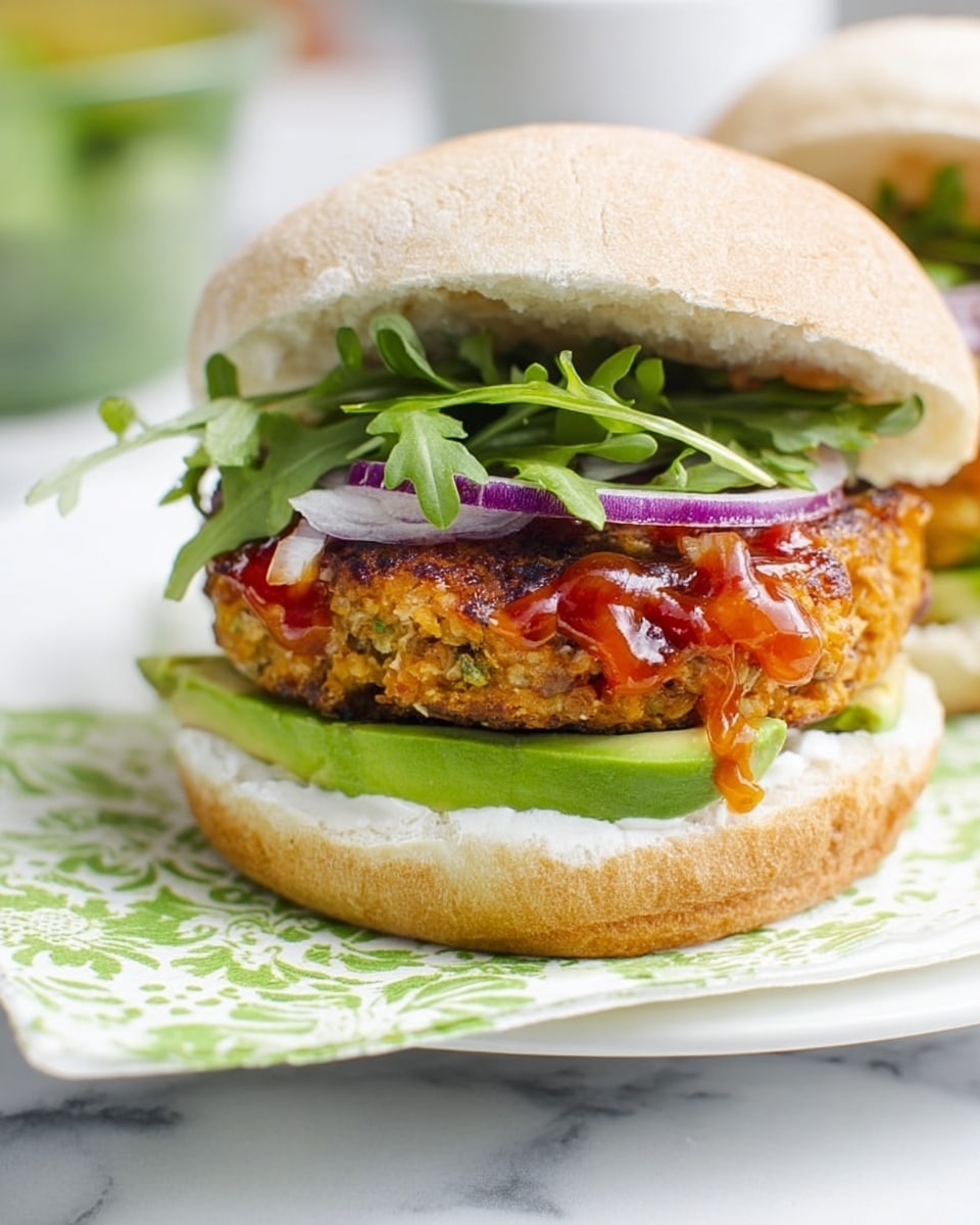 A close-up view of a sandwich on a white bun with three visible layers inside: at the bottom, light green slices of avocado resting on a white creamy spread; in the middle, a thick, textured veggie patty with an orange and brown color, topped with a glossy reddish sauce; above that, fresh green arugula and thin purple onion slices, all held by the lifted top bun showing a soft, white inner texture. The sandwich sits on a white plate with a green and white patterned napkin underneath, set on a white marbled surface. Photo taken with an iphone --ar 4:5 --v 7