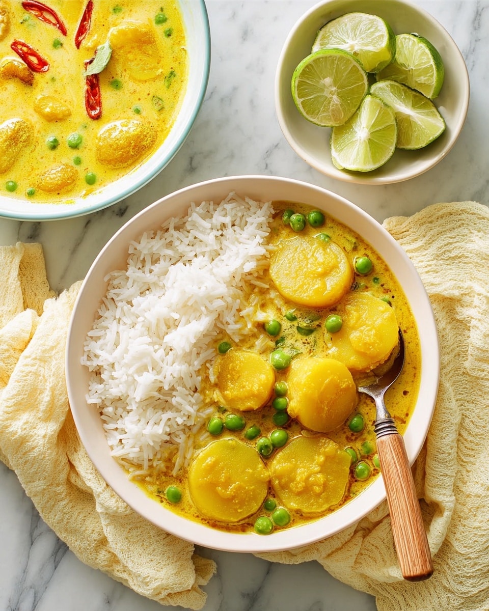 A white bowl contains a dish with two clear layers: on the left side, plain white rice with a fluffy texture, and on the right side, thick yellow curry with round potato slices and green peas scattered on top, some pieces lifted by a spoon. The curry has a smooth, creamy texture with visible spices. Behind the bowl, there is a white bowl filled with the same yellow curry and red chili peppers floating on top. To the right, a small white bowl holds several lime wedges. The entire setting is placed on a white marbled surface with a pale yellow cloth partially wrapped around a wooden spoon handle near the bowls. Photo taken with an iphone --ar 4:5 --v 7