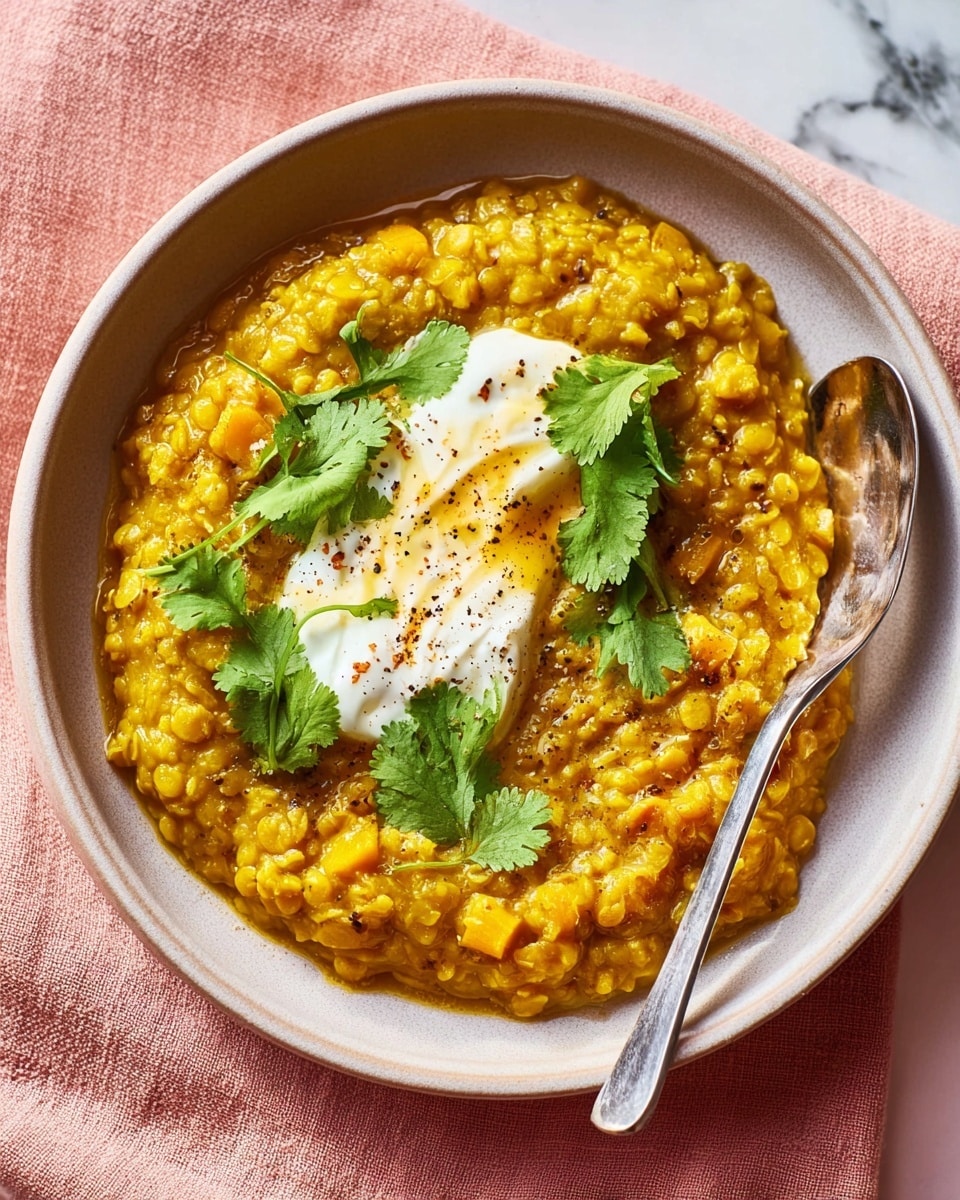 A light gray ceramic bowl holds a thick, golden yellow lentil stew with a chunky texture, spread out evenly. On top, there is a dollop of smooth white yogurt in the center, sprinkled with black pepper. Fresh green cilantro leaves are placed over the yogurt, adding a fresh contrast. A shiny silver fork rests inside the bowl on the right side, partially submerged in the stew. The bowl sits on a soft pink fabric background with a visible white marbled texture beneath. Photo taken with an iphone --ar 4:5 --v 7