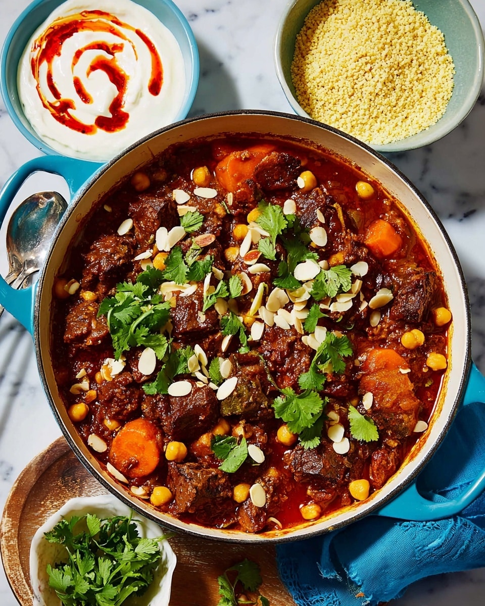 The image shows a white enamel pot with blue handles filled with a rich stew made of dark brown chunks of meat, orange carrot pieces, and yellow chickpeas in a thick reddish-brown sauce. The stew is topped with fresh green cilantro leaves and sliced white almonds scattered over the surface. Next to the pot, there is a white bowl with some white creamy sauce swirled with red chili oil and a silver spoon inside it, as well as a white bowl containing a light yellow grain, both placed on a white marbled table with a blue cloth underneath the pot and a piece of wood beside it. Photo taken with an iphone --ar 4:5 --v 7