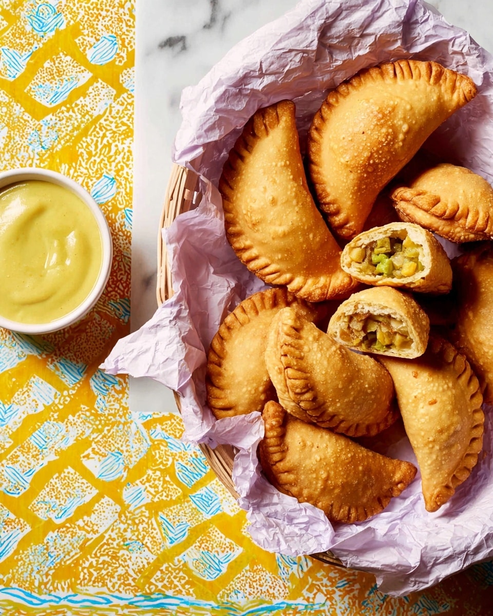 A white basket lined with crumpled light purple paper holds about ten golden brown fried empanadas with a slightly crispy, bubbled texture on top. Two empanadas are cut open, showing a greenish-yellow filling with mixed vegetables inside. The basket is placed on a white marbled surface with a bright yellow and white patterned cloth nearby. In the top part of the image, a small white bowl with a thick, light yellow sauce is visible, matching the bright lively setting. photo taken with an iphone --ar 4:5 --v 7