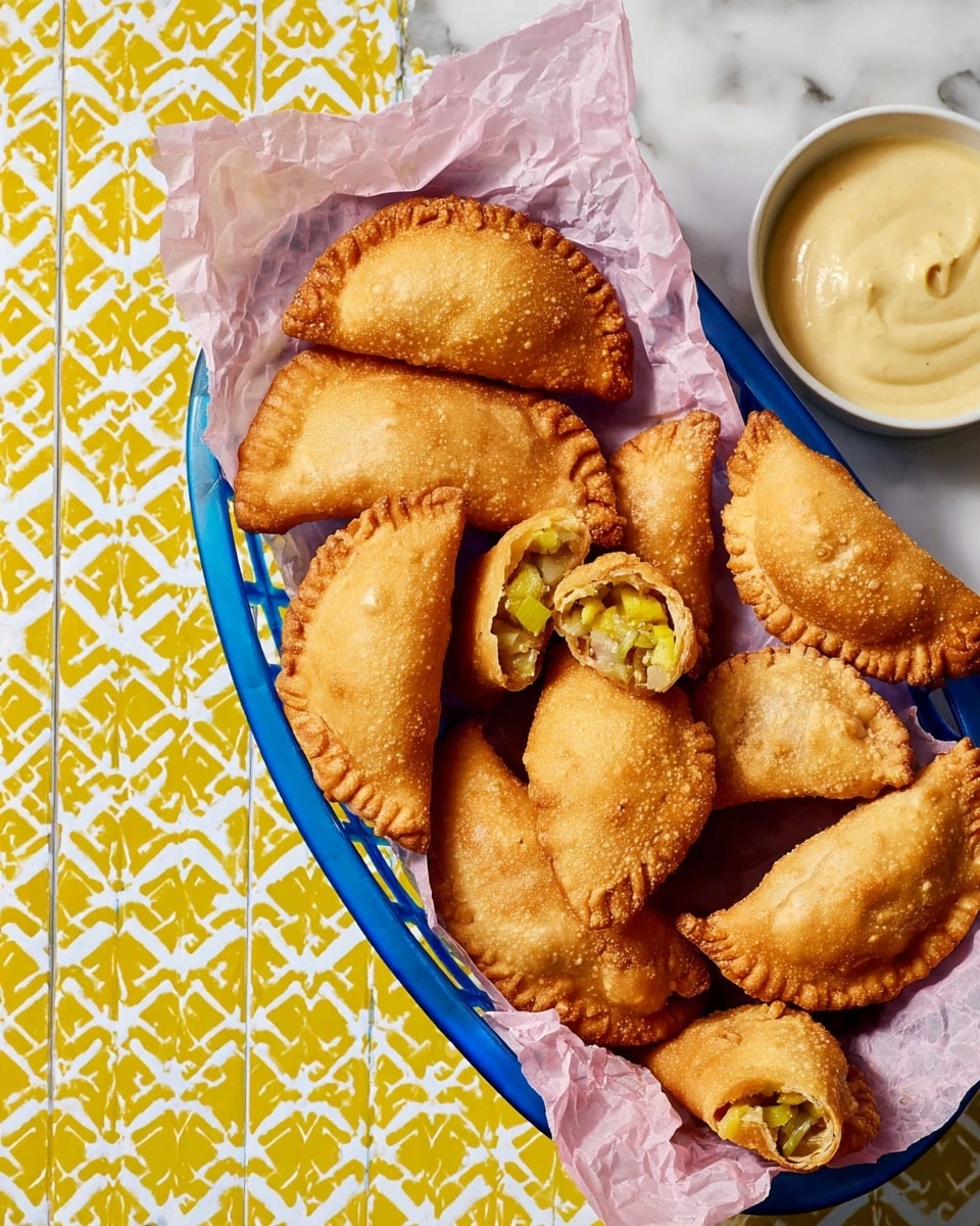 A blue basket lined with crumpled pink paper holds nine golden brown fried empanadas with a crispy textured crust. One empanada is broken open on top, revealing a filling with green and yellow pieces inside. In the top right corner, there is a small white bowl filled with creamy light yellow sauce. The background shows a white marbled surface with a yellow geometric patterned cloth beneath the basket. Photo taken with an iphone --ar 4:5 --v 7