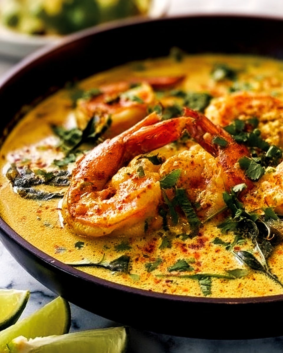 The image shows a close-up of a black pan filled with a creamy, yellow curry layered with shrimp and spices. The shrimp are pinkish-orange with tails up, resting on the curry that has a smooth and slightly thick texture. Fresh green herbs and dark green leaves are scattered on top, adding color contrast. In the foreground, some lime wedges are slightly out of focus. The pan is on a white marbled surface. Photo taken with an iphone --ar 4:5 --v 7