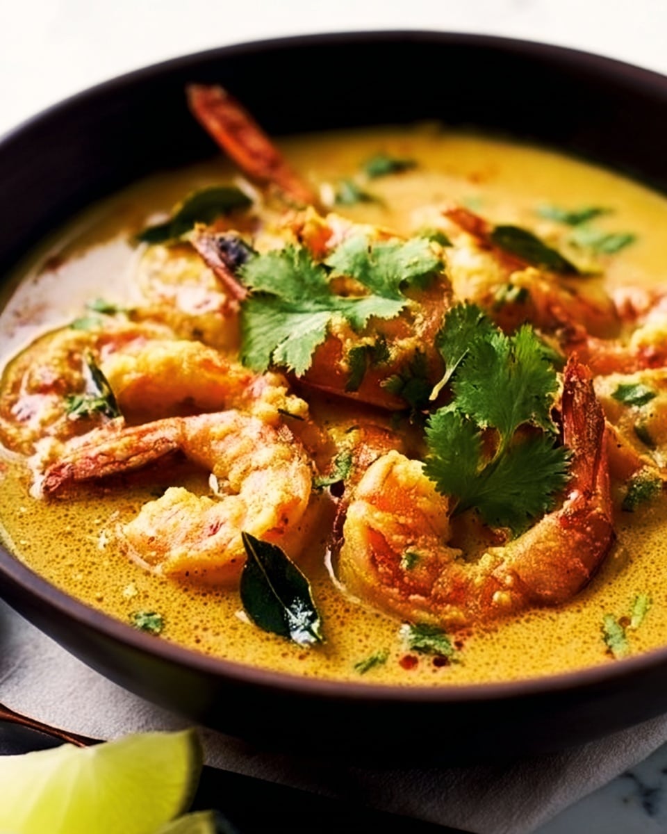 The image shows a black bowl filled with a rich, creamy yellow curry containing several shrimp. The shrimp are pink-orange with curled tails, and they sit on top of the smooth curry sauce. There are green curry leaves scattered on the dish along with fresh cilantro leaves on one side, adding a bright green contrast. The bowl is placed on a white marbled surface, and a blurred lime wedge appears in front of the bowl, slightly out of focus. Photo taken with an iphone --ar 4:5 --v 7
