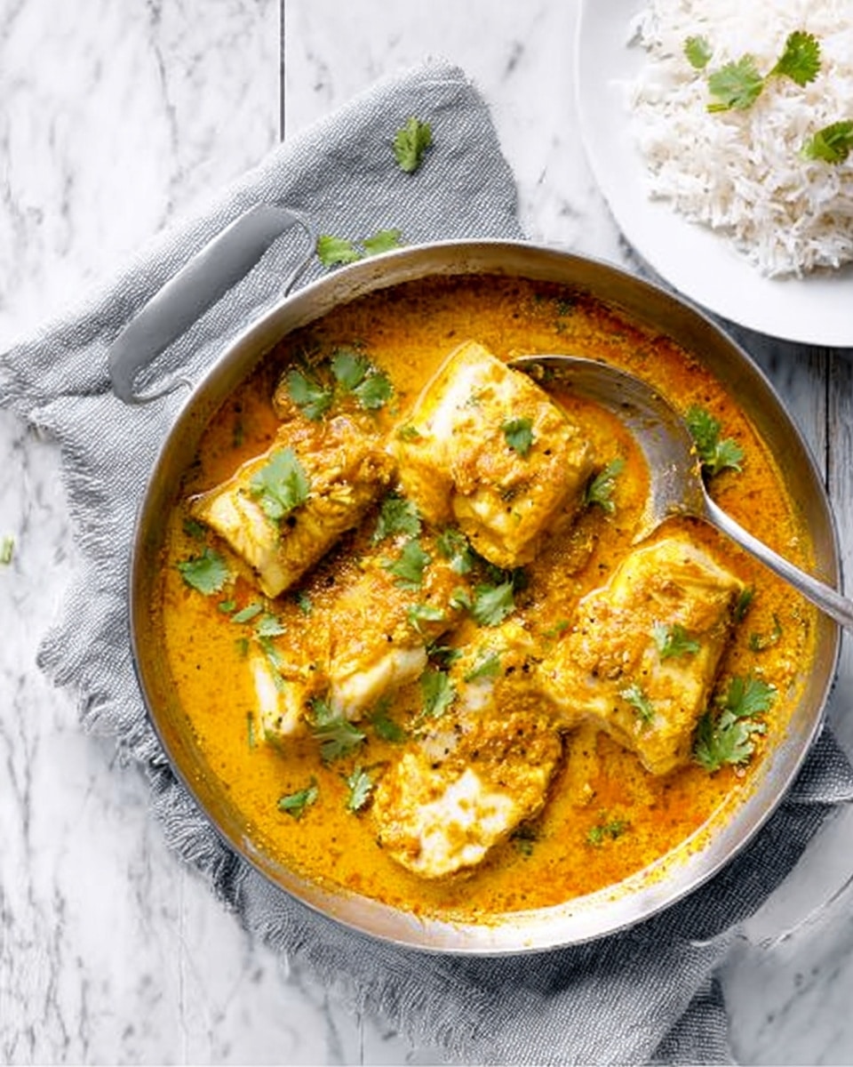 A pan with cooked fish pieces covered in a thick orange-yellow curry sauce, garnished with green coriander leaves scattered on top. The pan is placed on a gray cloth with a spoon resting inside, partially covered with curry. To the right, a white plate with white cooked rice is visible. The whole scene is set on a white marbled surface. photo taken with an iphone --ar 4:5 --v 7