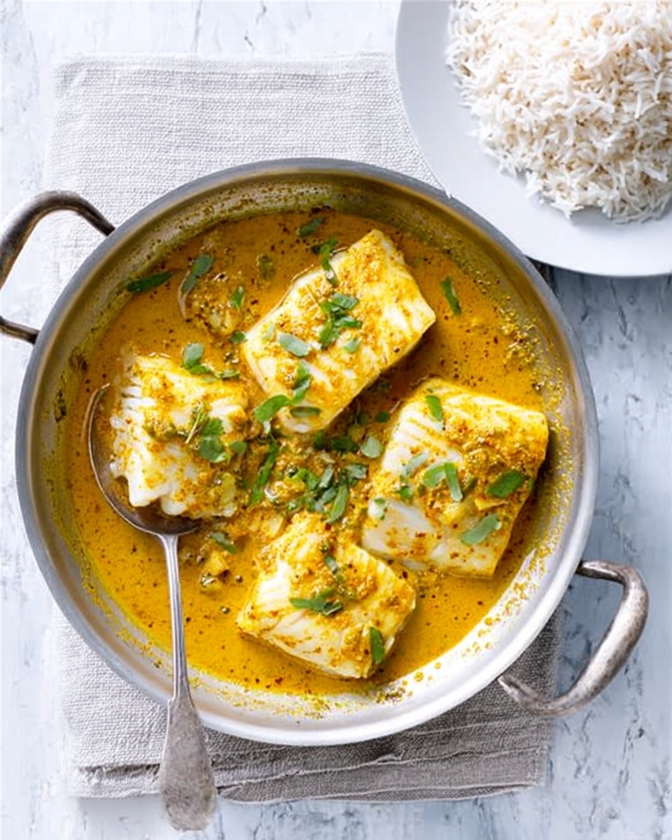 The image shows a silver pan filled with four large pieces of white fish covered in a thick, yellow curry sauce with small green herbs sprinkled on top. A silver spoon rests at the edge of the pan, partially covered in the sauce. The pan sits on a light gray cloth over a white marbled surface. To the right, there is a white plate filled with plain white rice. The overall look is bright and fresh, with the yellow curry contrasting well against the white fish and rice. photo taken with an iphone --ar 4:5 --v 7