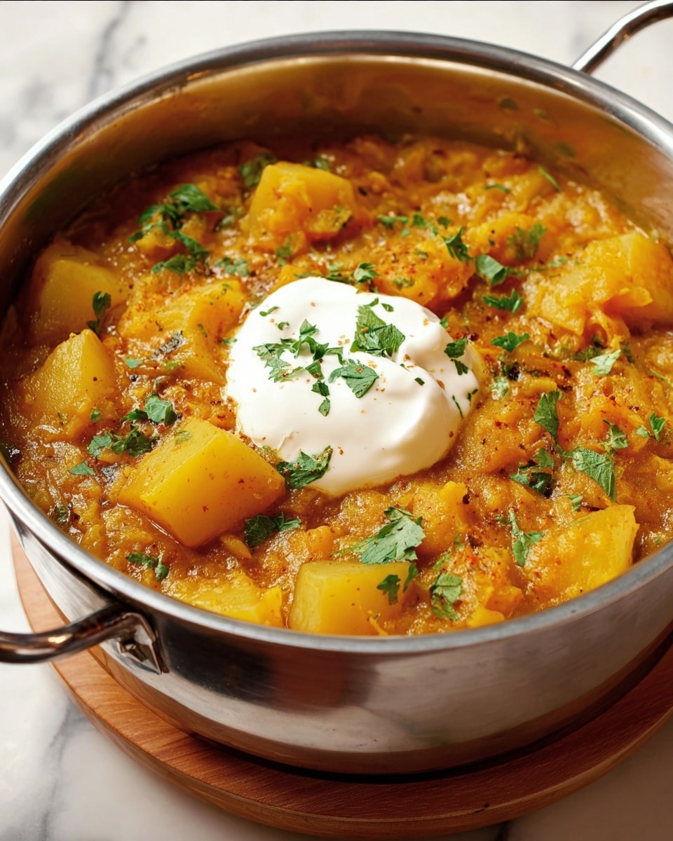 A shiny steel pot filled with a thick stew featuring chunky yellow potato pieces and green herbs sprinkled on top. In the center, a dollop of smooth white yogurt sits, adding contrast to the textured orange and yellow stew beneath. The pot rests on a white marbled surface with a wooden circular base visible beneath it. The overall colors are warm with green leaf bits adding fresh detail around the creamy yogurt. photo taken with an iphone --ar 4:5 --v 7