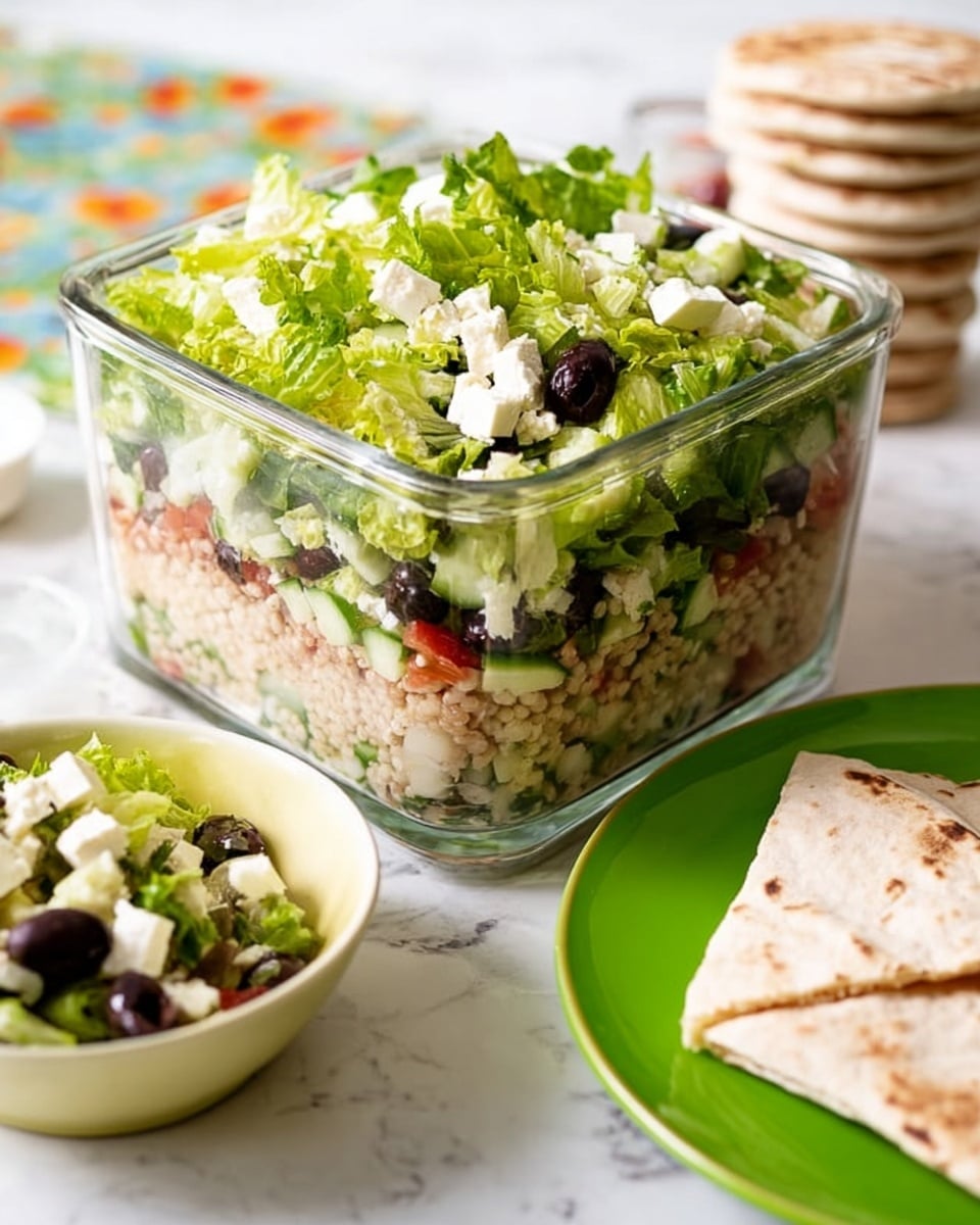The image shows a clear square glass container filled with a layered salad. The bottom layer is small grains and chopped vegetables in mixed colors like green, red, and beige. Above that, there are black olives scattered around, and white cubes of cheese are spread evenly. The top layer is bright green torn lettuce leaves giving a fresh look. Next to the container, on the right side, there is a white stack of pita bread standing vertically. In the bottom left corner, a small round white bowl and a green plate hold a small portion of the salad, showing the same layers and colors as inside the container. The background is a white marbled surface. photo taken with an iphone --ar 4:5 --v 7