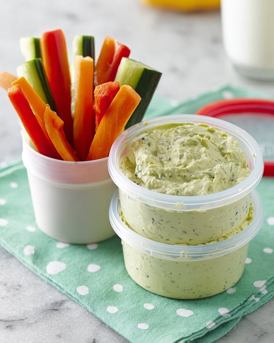 The image shows two small clear plastic containers stacked on each other filled with a creamy, light green dip that looks thick with visible herbs mixed inside. Next to the containers is a small white cup filled with fresh vegetable sticks including orange carrots, red bell pepper, and green cucumber arranged vertically. The items are placed on a light green cloth with white polka dots, all on a white marbled surface. In the background, a glass of milk is partly visible. Photo taken with an iphone --ar 4:5 --v 7