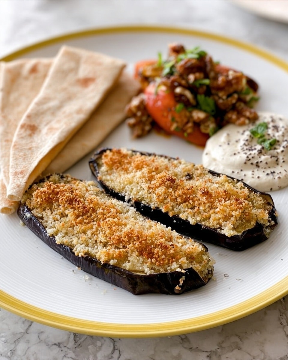 The image shows a white plate with a thin yellow rim on a white marbled surface. On the plate, there are two slices of eggplant topped with a golden brown crumb layer, placed side by side at the front. Behind the eggplant, there is a small portion of white sauce with black pepper specks. Next to the sauce is a colorful tomato and walnut salad with green herbs, adding a mix of red, brown, and green colors. On the left side of the plate, there are two folded pieces of pale beige flatbread leaning against each other. The photo is taken with an iphone --ar 4:5 --v 7