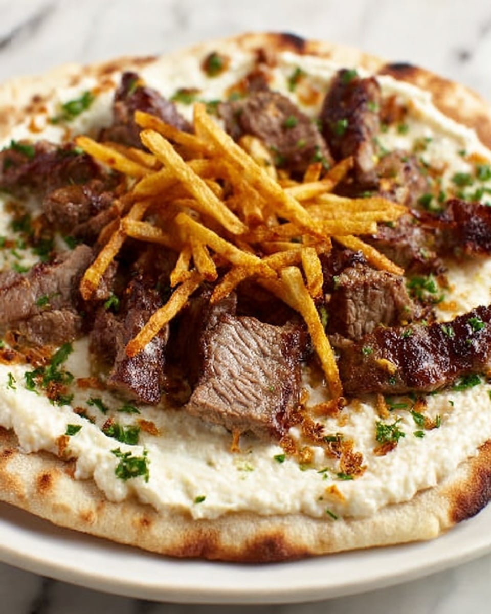 The image shows a flatbread with a creamy white spread as the bottom layer, covering the entire surface. On top of this, there are pieces of grilled meat with a browned texture and a slightly charred look. Above the meat, there are thin strips of golden brown fried sticks scattered in the center. Small green herb pieces are sprinkled lightly over the fried sticks and meat, adding a touch of color. The flatbread is placed on a white plate, and the background is a white marbled texture. Photo taken with an iphone --ar 4:5 --v 7