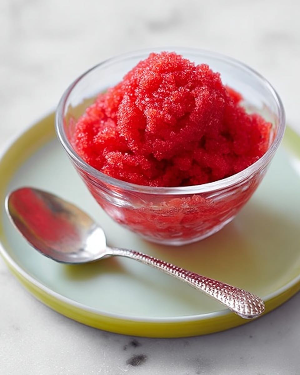 A small clear glass bowl filled with a bright red, grainy textured raspberry sorbet that sits slightly mounded above the rim. The bowl is placed on a white plate that has a smooth surface and round shape. Next to the bowl, on the plate, there is a shiny silver spoon with a slightly curved, patterned handle. The background shows a soft white marbled texture. photo taken with an iphone --ar 4:5 --v 7