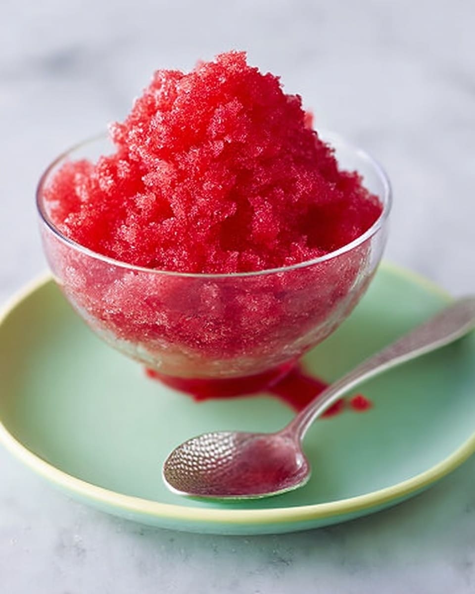 A small clear glass bowl filled with bright red shaved ice granita, showing a rough icy texture piled high above the bowl's edge. The bowl sits on a white plate with a smooth, light green color, placed on a white marbled surface. Next to the bowl on the plate is a shiny, textured silver spoon. The granita looks cold and refreshing with deep red juice dripping slightly on the bowl's side. Photo taken with an iphone --ar 4:5 --v 7