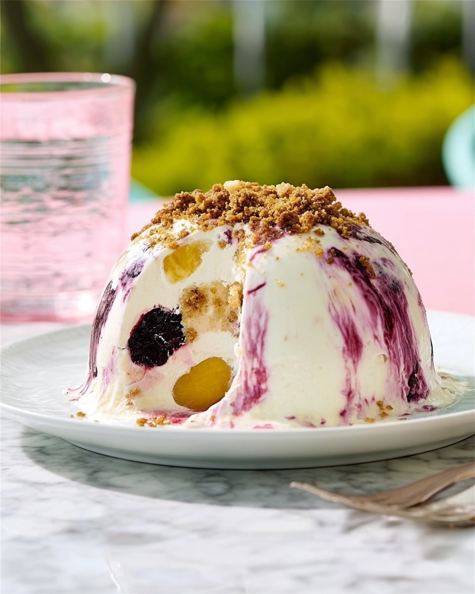 A dome-shaped dessert sits on a white plate, covered in smooth white cream with streaks of dark purple and pink swirled through it. Inside, there are several layers visible: a bright yellow round fruit piece at the center, surrounded by thick white creamy layers, with darker purple fruit pieces embedded inside. The top is decorated with a crumbly brown topping, scattered unevenly. The background shows a white marbled surface and a soft green blurry outdoor scene. A clear glass with a pink rim is nearby. Photo taken with an iphone --ar 4:5 --v 7