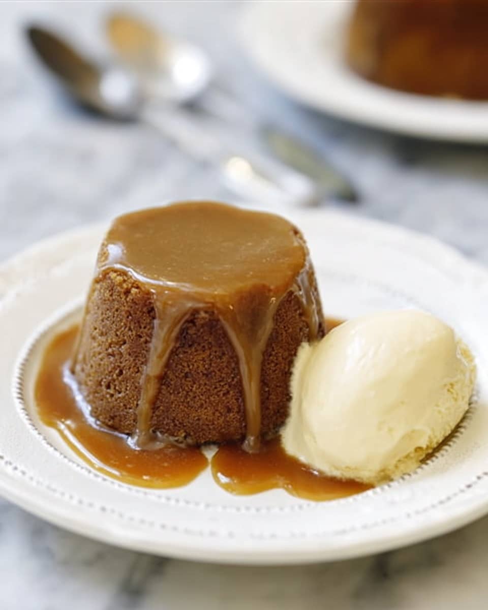 A small, round brown cake with a smooth, shiny caramel sauce dripping down its sides sits on a white plate with a delicate edge design. Next to the cake is a single scoop of pale yellow ice cream with a soft texture. The plate rests on a white marbled surface, and the background is blurred, showing a spoon and another plate slightly visible. The image is bright and clear with a close-up view. photo taken with an iphone --ar 4:5 --v 7