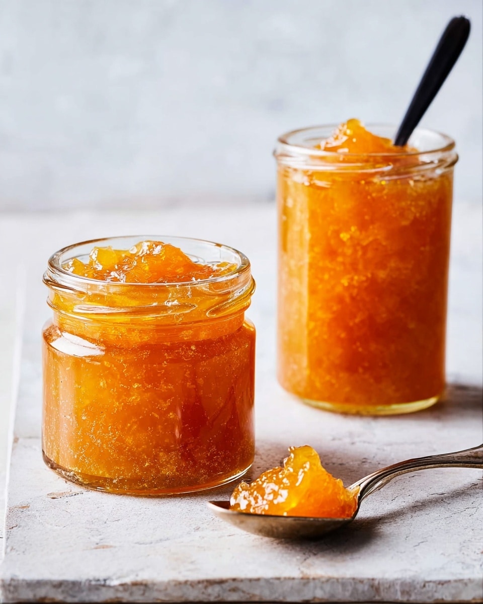 The image shows two small glass jars filled with bright orange, chunky marmalade that has a shiny, slightly translucent texture. One jar is at the front left side, full and open, with the marmalade visible up to the rim. Behind it, to the right, a taller jar is also filled to the top and has a black spoon sticking out of it. In front and slightly to the left of the jars, a silver spoon rests on the white marbled surface, holding a dollop of the same orange marmalade. The background is simple with a light, soft texture, highlighting the vibrant color of the marmalade. Photo taken with an iphone --ar 4:5 --v 7