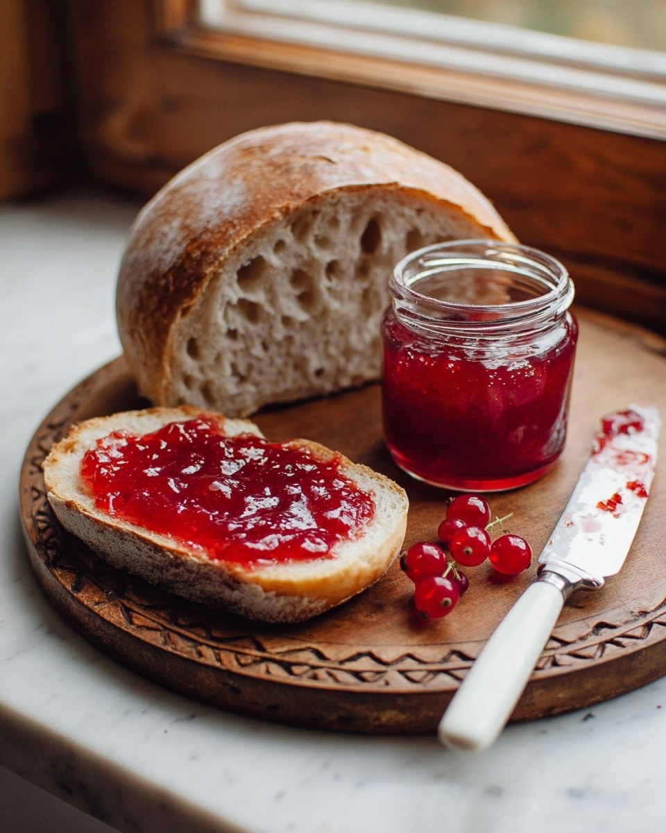 A thick slice of light beige crusty bread with visible airy holes is placed flat, covered in a glossy, deep red jam spread evenly on top, with a part having a bit thicker jam texture near the edge. Behind it, there is a large, rustic loaf of the same bread standing upright. To the right, a small clear glass jar is filled with the same red jam, with a few bright red berries resting beside it. A white-handled knife with some jam on its blade lies next to the jar. All items are arranged on a round, brown wooden board with a carved edge, set on a white marbled surface near a window. Photo taken with an iphone --ar 4:5 --v 7