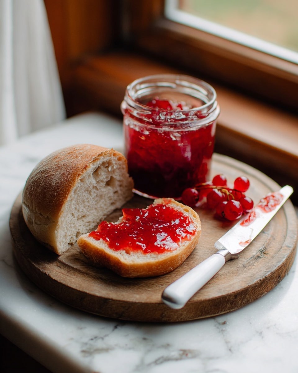 A round wooden board holds a thick, sliced piece of light brown bread with a soft and airy texture, one slice spread with a bright red jam that looks glossy and chunky. Next to the bread is a small clear glass jar filled with the same red jam. A few small red berries sit beside the jar. A white handled knife lies on the board, its blade partly covered with some jam. The whole arrangement is set on a white marbled surface near a window with soft natural light coming in. photo taken with an iphone --ar 4:5 --v 7