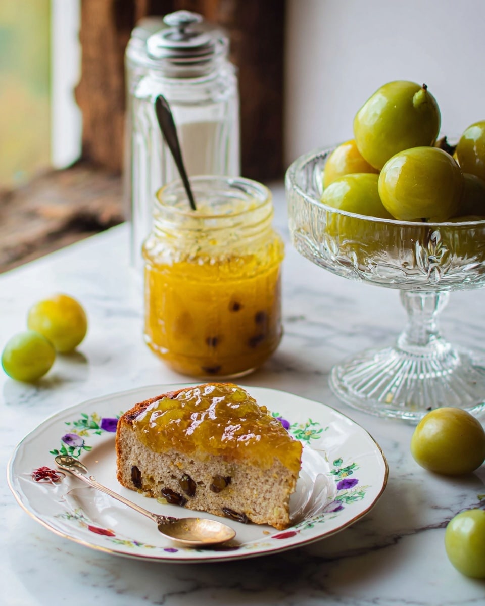 The image shows a single thick slice of cake with raisins on a white plate decorated with small red, purple, and green flowers around its edge. The cake slice has a golden yellow jam spread thickly on top with a shiny texture. Next to the plate is a jar filled with the same yellow jam and a spoon inside it. Behind the plate, there is a tall clear glass salt shaker and some small green plums scattered on a white marbled surface. To the right, a clear glass bowl on a pedestal holds more yellow-green plums. Photo taken with an iphone --ar 4:5 --v 7
