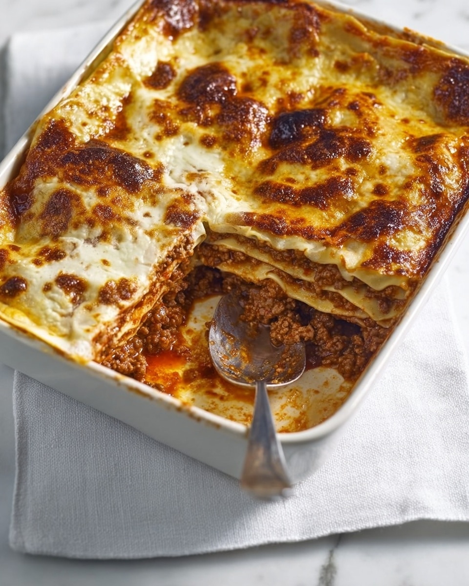 A rectangular white baking dish holds a baked lasagna with visible layers. The top layer is golden brown and bubbly cheese with some darker browned spots around the edges. Below the browned cheese, there are multiple layers of light cream-colored pasta sheets. Between the pasta layers, a rich, dark brown meat sauce with visible ground meat pieces can be seen. A metal spoon with some sauce on it rests inside the dish. The dish is placed on a white marbled surface with a white cloth partially under the dish. Photo taken with an iphone --ar 4:5 --v 7