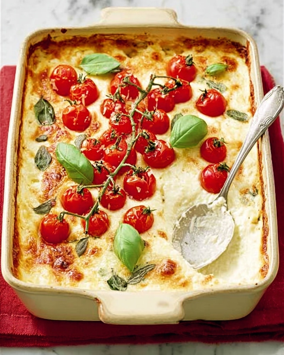 The dish is a baked casserole in a cream-colored rectangular ceramic dish. The top layer shows melted golden cheese with some browned spots. There are multiple bright red cherry tomatoes scattered on top, some still attached to small green stems. Fresh green basil leaves are placed on and around the tomatoes, adding a fresh contrast to the creamy cheese surface. A large silver serving spoon is resting inside the dish, revealing a creamy white layer beneath the cheese that looks smooth and thick. The casserole is set on a white marbled surface with a red cloth peeking from underneath. photo taken with an iphone --ar 4:5 --v 7