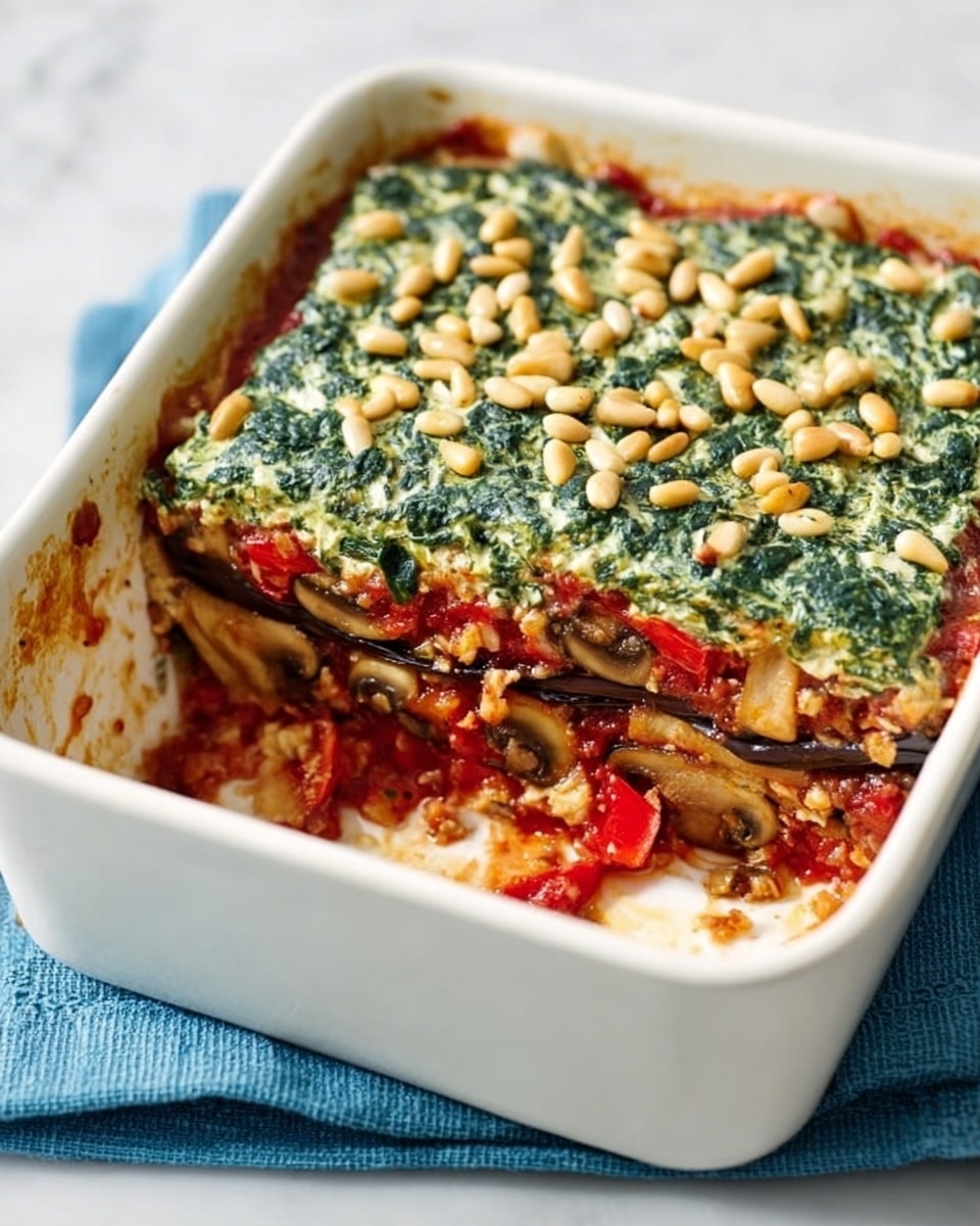 A white square baking dish contains a layered vegetable casserole with four visible layers. The bottom layer is a red tomato sauce with soft, sliced mushrooms and red peppers. Above this is a thick layer of cooked vegetables, likely eggplant, showing a darker brown color and soft texture. On top is a thick, creamy green spinach layer with a slightly rough texture, spread evenly across the whole dish. The casserole is finished with golden toasted pine nuts scattered on the green layer. The dish sits on a blue cloth over a white marbled surface. photo taken with an iphone --ar 4:5 --v 7