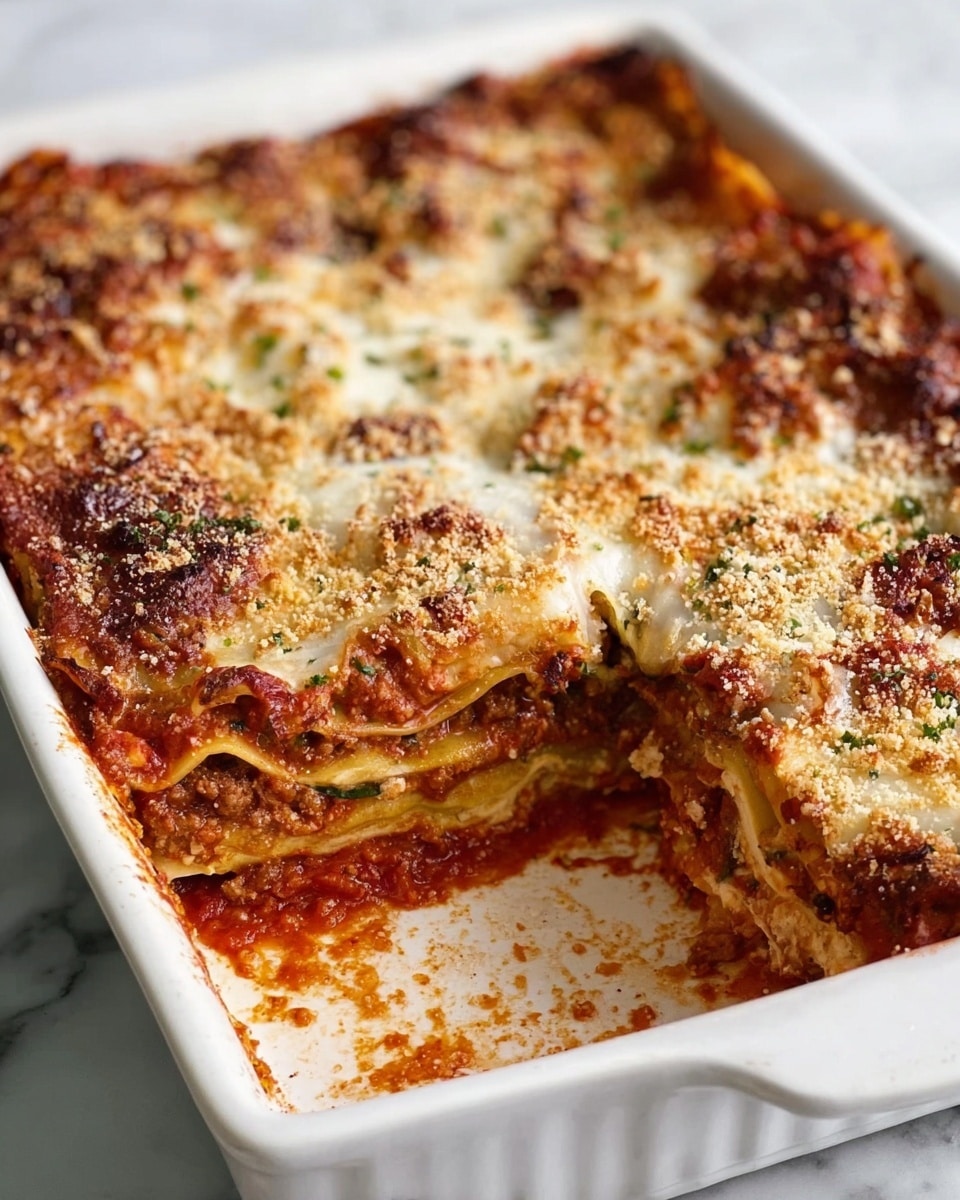 A white rectangular ceramic dish holds a baked lasagna, with several visible layers. The top layer is golden brown with melted cheese and sprinkled breadcrumbs, creating a crispy texture. Beneath the top crust, there are alternating layers of red tomato sauce, beige pasta sheets, and a mix of browned meat and cheese. The edges of the lasagna are slightly browned and crispy, showing some bubbling tomato sauce along the sides. The dish is placed on a white marbled surface. Photo taken with an iphone --ar 4:5 --v 7