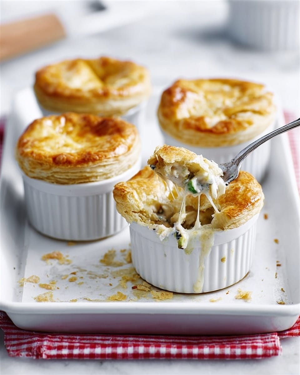 The image shows four small white ramekins filled with a baked dish topped with golden brown, flaky puff pastry crusts. The crusts are slightly puffed and have a crispy texture with uneven edges, sitting on top of the ramekins. One ramekin in the front has a piece of pastry broken open by a silver fork, revealing creamy, light-colored filling with visible bits of vegetables or meat inside. The ramekins rest on a white tray placed on a red and white checkered cloth, against a white marbled surface background. photo taken with an iphone --ar 4:5 --v 7