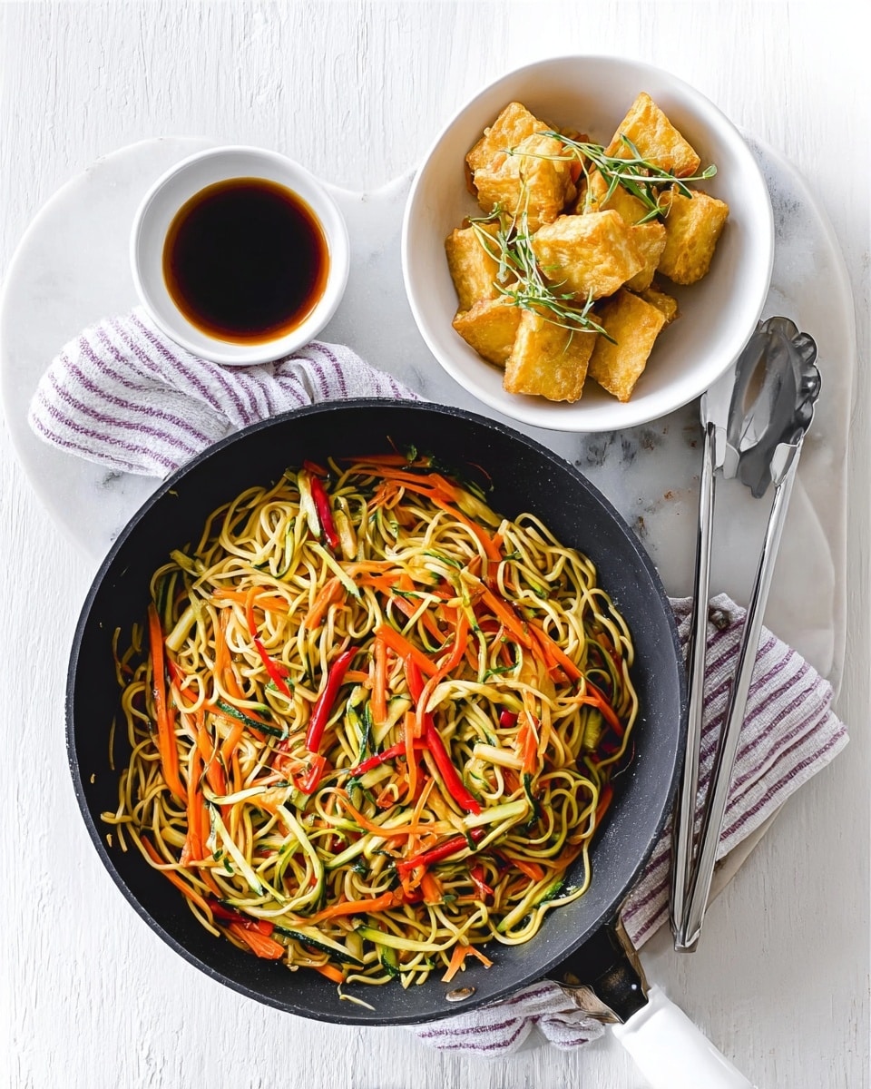 The image shows a black pan filled with stir-fried noodles mixed with thin strips of orange carrots, light green zucchini, and red chili peppers, sitting on a white marbled surface. Next to the pan, there is a white bowl with fried golden brown tofu pieces garnished with small green sprigs. A small white bowl filled with dark soy sauce is placed nearby. A metal spatula and tong are resting on a white and purple striped cloth beneath the bowls and pan, creating a clean and simple arrangement. Photo taken with an iphone --ar 4:5 --v 7