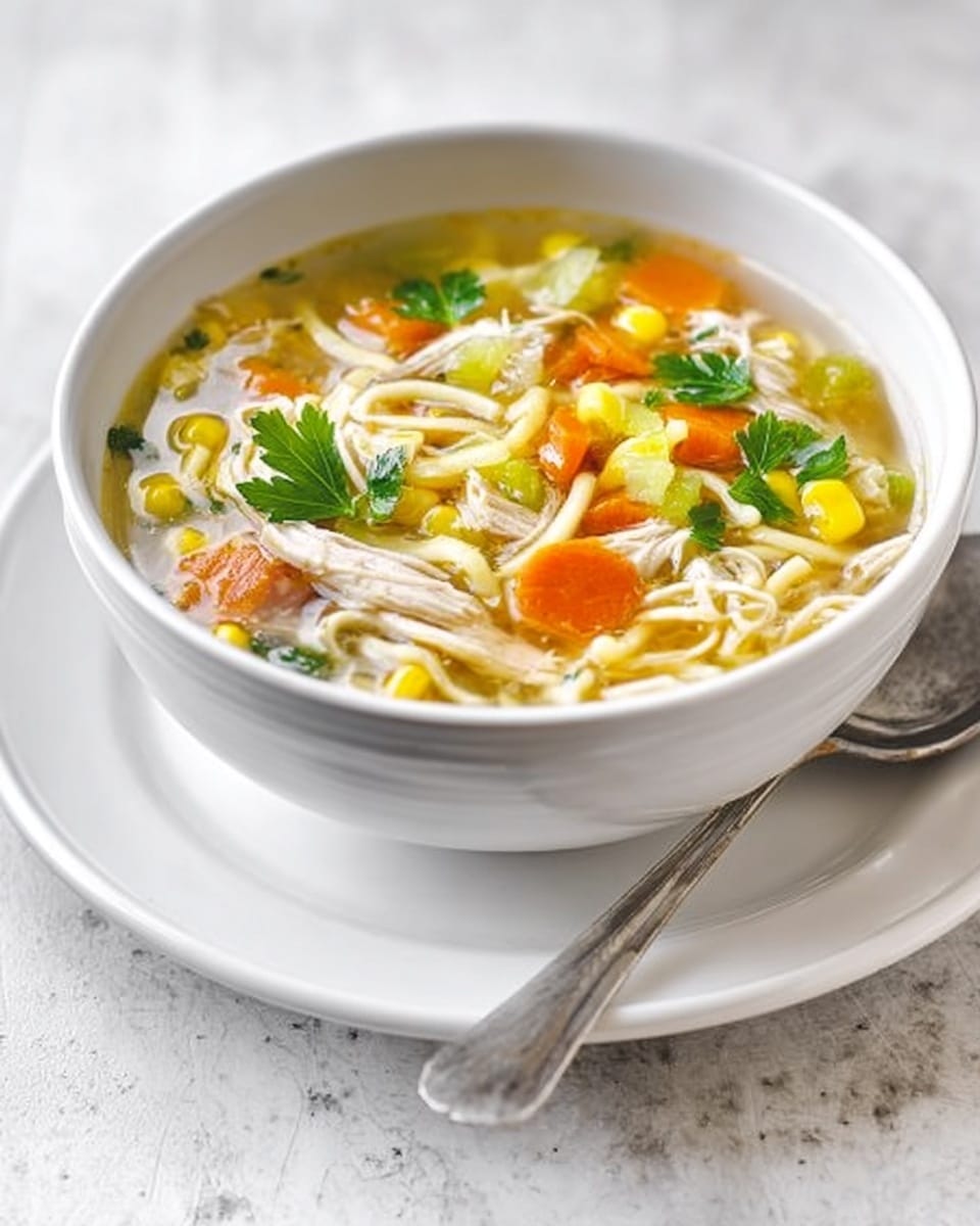 A white bowl filled with clear chicken noodle soup sits on a white plate with a silver spoon resting on the plate’s edge. The soup has several layers visible: at the bottom are light yellow noodles, mixed in with pieces of white shredded chicken, bright orange carrot slices, and small yellow corn kernels. Thin light green celery slices float near the top, along with fresh green parsley leaves adding a pop of color. The bowl is on a smooth white marbled surface, showing a simple and clean presentation. Photo taken with an iphone --ar 4:5 --v 7