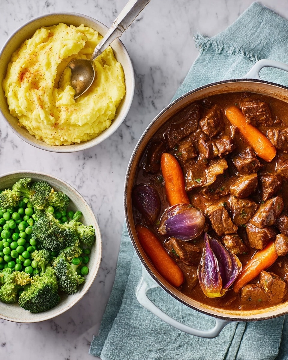 The image shows a white pot filled with a stew made of chunks of brown meat, orange carrot sticks, and purple shallots in a thick brown sauce, sitting on a light blue cloth. Next to it are two white bowls, one with creamy, yellow mashed potatoes with a spoon inside, and the other filled with bright green broccoli florets and green peas, all placed on a white marbled surface. Photo taken with an iphone --ar 4:5 --v 7