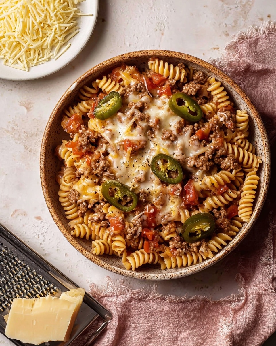 A rustic bowl filled with three layers of rotini pasta mixed with small chunks of cooked ground meat and diced red tomatoes, topped with a layer of melted cheese and several slices of green jalapeños evenly spread across the dish, showing a slightly glossy texture from the cheese and a sprinkle of black pepper. The bowl sits on a white marbled textured surface next to a white plate with shredded cheese and a metal grater resting on top, and a soft pink cloth is partially visible underneath the bowl. Photo taken with an iphone --ar 4:5 --v 7