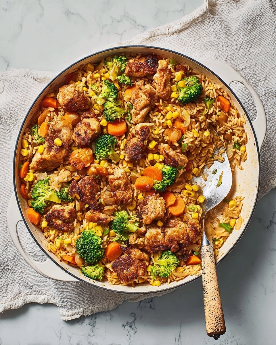 In a large white cast iron pan, there is a colorful mixed dish with around three layers. The base layer is made of cooked brown rice mixed with bright yellow corn kernels and small pieces of cooked onion, covering the whole bottom. On top of the rice, there are small broccoli florets in bright green and sliced carrots in soft orange, placed evenly around the pan. The final layer consists of browned chicken pieces with a slightly crispy and dark golden brown surface, scattered all over the vegetables and rice. A metal spatula with a speckled wooden handle rests inside the pan, partially on the food. The pan sits on a white cloth with subtle texture, on a white marbled surface. photo taken with an iphone --ar 4:5 --v 7