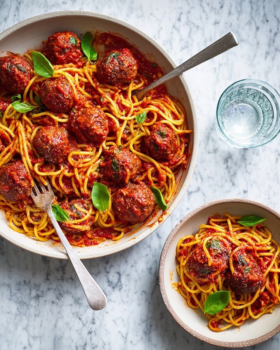 A white pan filled with several thick meatballs coated in bright red tomato sauce with visible herbs, mixed with yellow spaghetti noodles that are tangled and coated evenly with sauce. Fresh green basil leaves are placed on top of the meatballs and noodles for a pop of color. To the right, a white bowl holds a smaller portion of the same spaghetti and meatballs, also garnished with basil leaves. A silver fork rests near the bowl on a white marbled surface, and a clear glass of water is positioned above the bowl. photo taken with an iphone --ar 4:5 --v 7