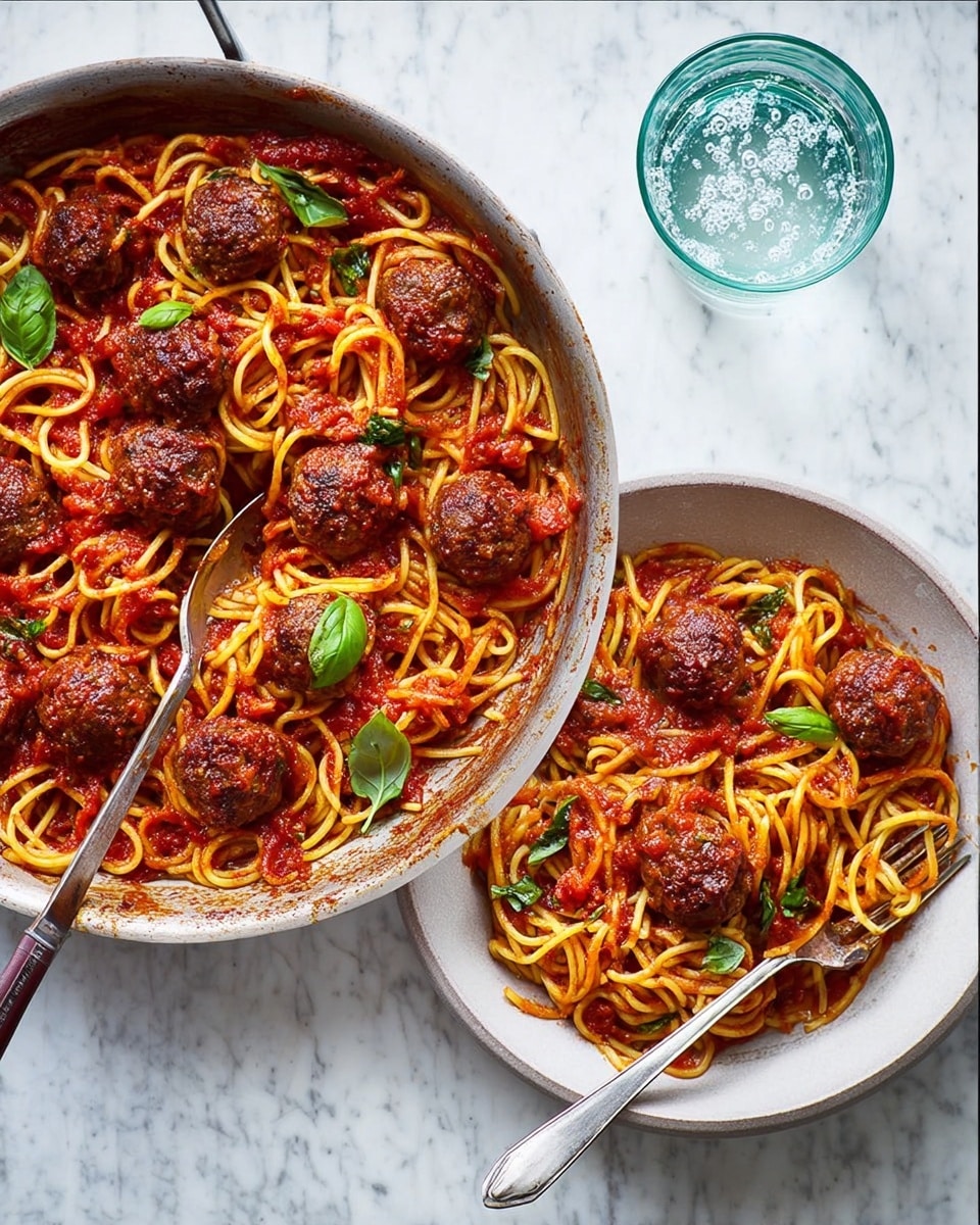 A large silver pan with a brown handle holds a dish of spaghetti mixed with several dark brown meatballs covered in thick red tomato sauce. The spaghetti is yellowish and twisted all over with some bright green basil leaves scattered on top, adding contrast. Next to it, a white bowl contains a smaller portion of the same spaghetti and meatball mix, also garnished with a few basil leaves. To the right of the bowl is a silver fork. Above the pan is a clear glass cup with water and bubbles inside, all set against a white marbled surface. photo taken with an iphone --ar 4:5 --v 7