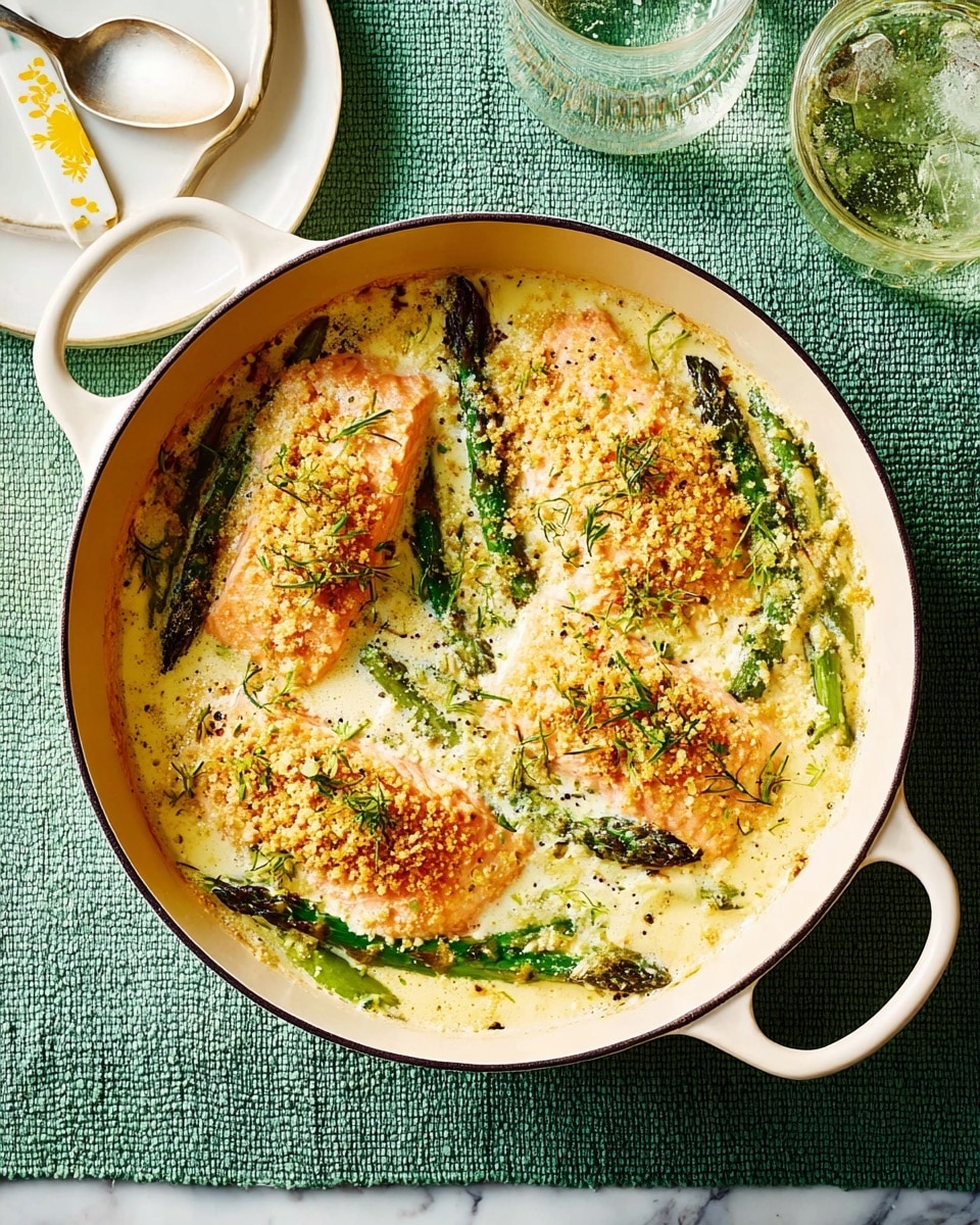 The image shows a creamy casserole dish in a round white pot with two handles, placed on a green textured cloth over a white marbled surface. Inside the pot, there are four pieces of salmon partly covered with a light golden crumb topping. The creamy sauce beneath is pale yellow with a smooth texture. Sharp green asparagus spears are scattered evenly among the salmon pieces. The top layer is dotted with fresh herbs, giving a speckled green look to the golden crumb. Nearby is a white spoon with yellow patterns and a clear glass of sparkling water. The overall colors are warm and fresh, showing a well-balanced baked dish. photo taken with an iphone --ar 4:5 --v 7