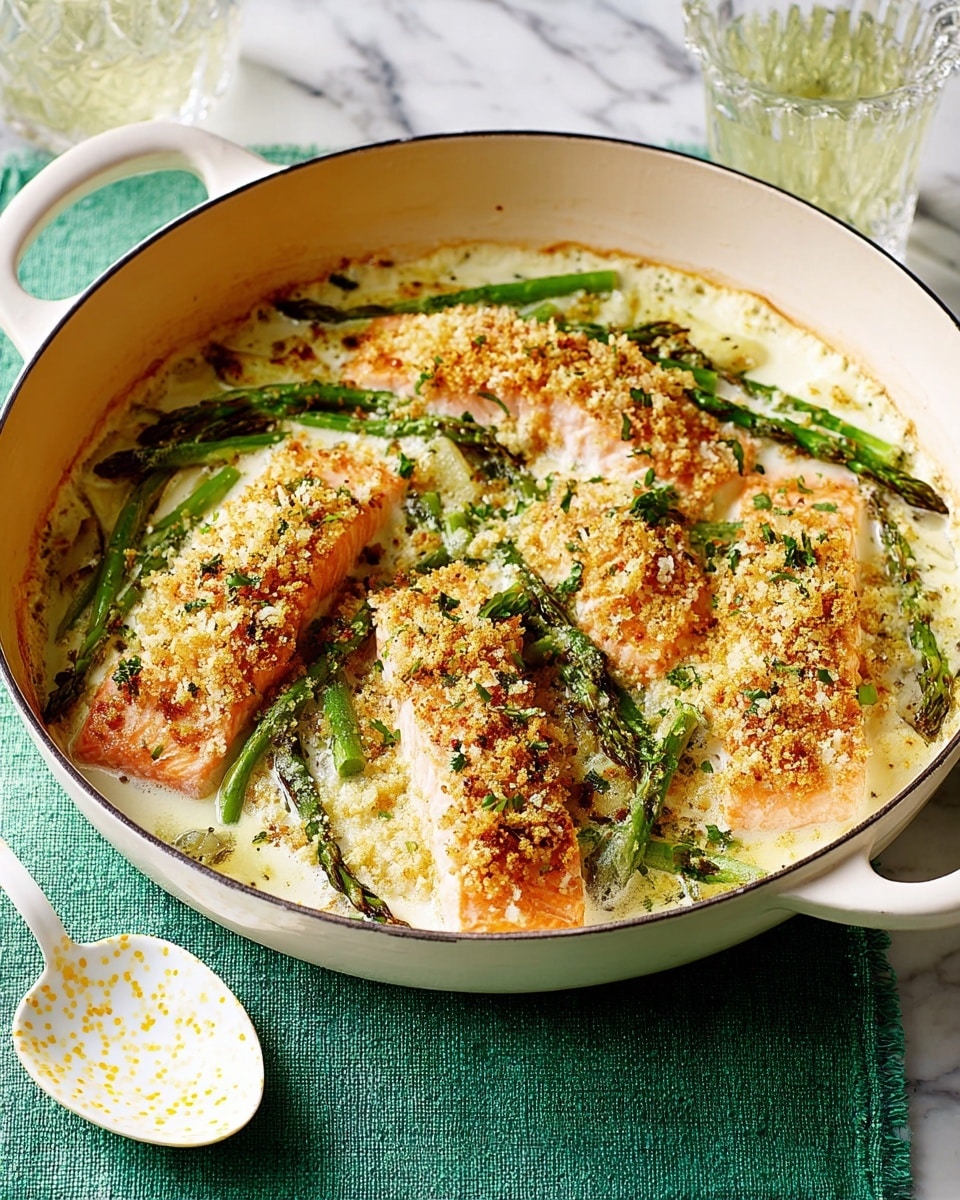 The dish is in a white round pan with two handles on a green cloth. Inside, there are five pieces of light orange salmon fillets partially covered with creamy white sauce that has a slightly thick texture. Bright green asparagus pieces are mixed throughout the sauce. A crispy golden-brown breadcrumb topping with green herb bits and a slightly toasted look covers the fillets and sauce. Next to the pan is a white spoon with yellow speckles. The whole scene is on a white marbled surface with a clear drink in a glass near the top. photo taken with an iphone --ar 4:5 --v 7