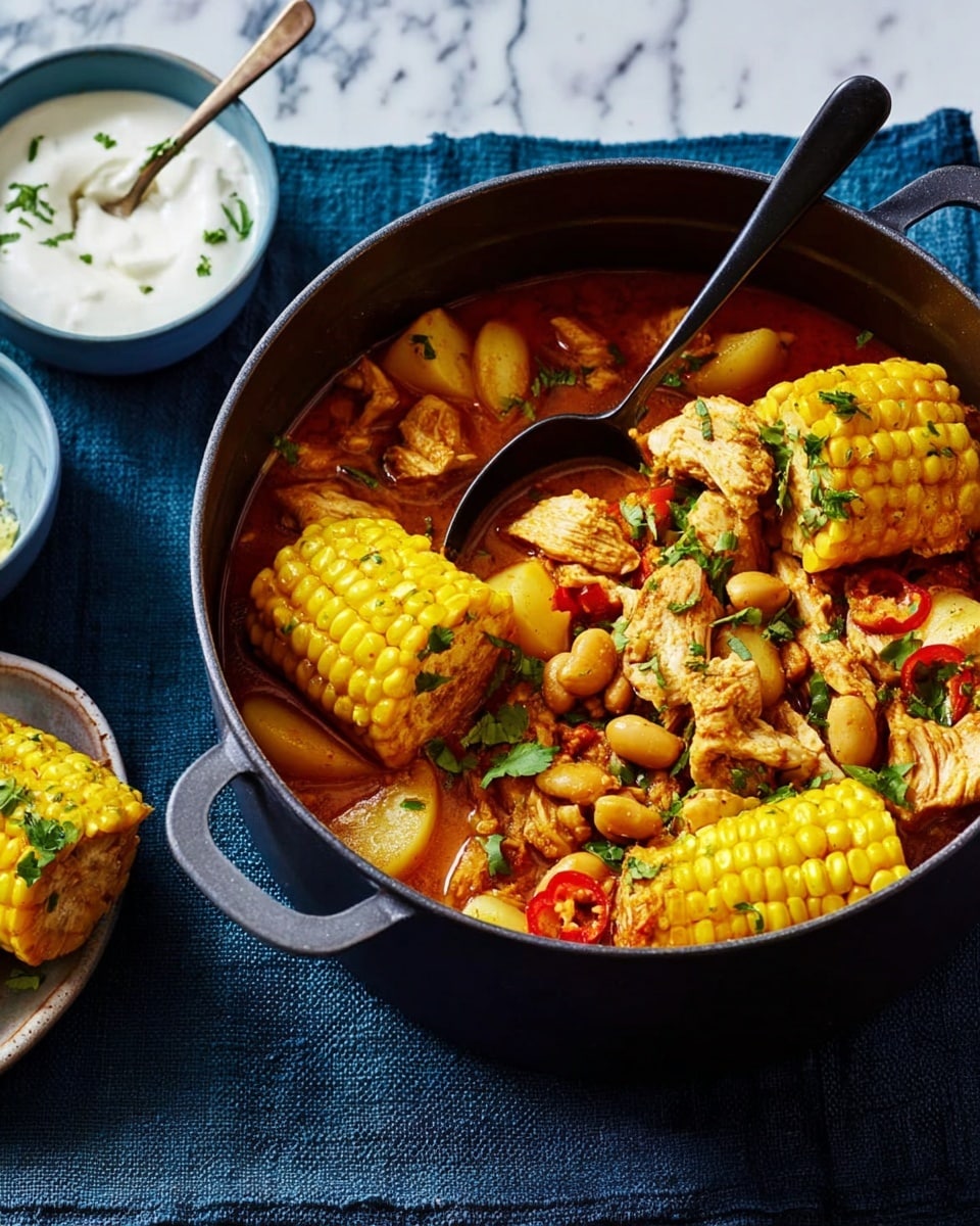 A black cooking pot filled with a hearty stew, showing three thick, yellow corn on the cob pieces with visible kernels, scattered chunks of light brown chicken, small light-colored potatoes, and brown beans in a rich orange-red broth. There are bits of red pepper and green herb leaves sprinkled on top for color. A black spoon is immersed in the stew inside the pot. The pot sits on a dark blue cloth, next to a small white bowl filled with white creamy sauce and a spoon inside it, all placed on a white marbled surface. photo taken with an iphone --ar 4:5 --v 7